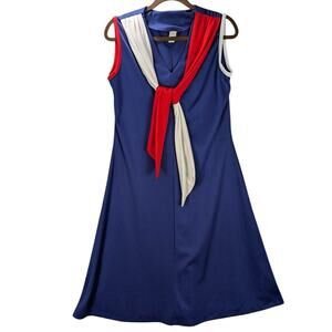 Vtg Dress 13/14 Blue Solid Sleeveless Knee Length V Neck Polyester Retro Beachy